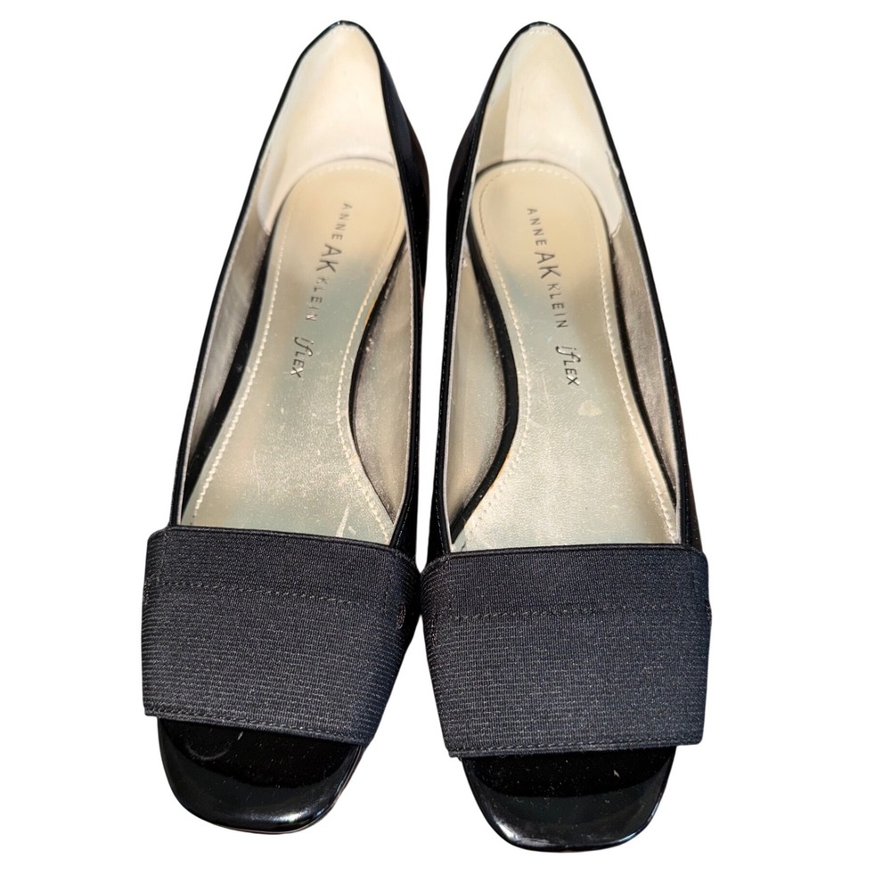 Anne Klein iFlex Baylee Black Patent Peep Toe Wedge Shoes Womens 8M